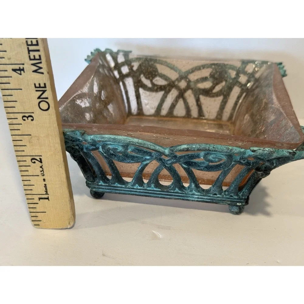 1987 Terragrafics Art Nouveau Verdigris Footed Bowl w Pink Seeded Glass Insert